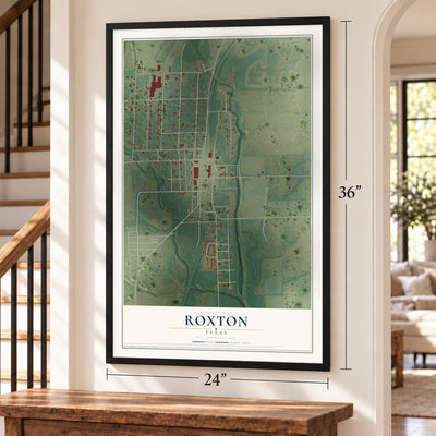 Roxton, Texas map, 24 x 36 inch print in a black frame by a staircase