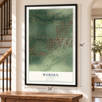 Worden, Illinois map, 24 x 36 inch print in a black frame by a staircase