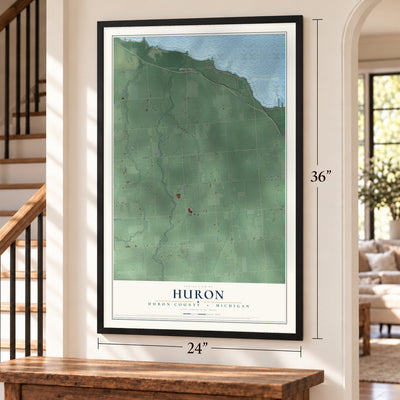 Huron, Huron County, Michigan map, 24 x 36 inch print in a black frame by a staircase