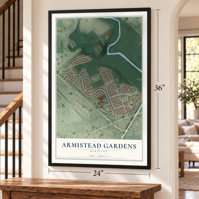 Armistead Gardens, Maryland map, 24 x 36 inch print in a black frame by a staircase
