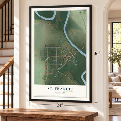 St. Francis, Arkansas map, 24 x 36 inch print in a black frame by a staircase