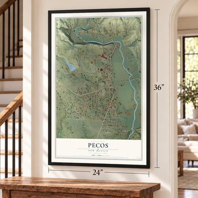 Pecos, New Mexico map, 24 x 36 inch print in a black frame by a staircase