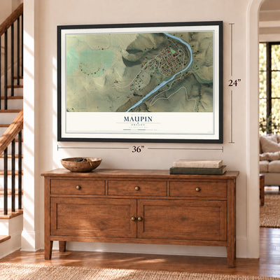 Maupin, Oregon map, 24 x 36 inch print in a black frame above a dresser by a staircase
