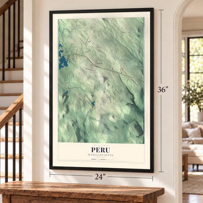 Peru, Massachusetts map, 24 x 36 inch print in a black frame by a staircase