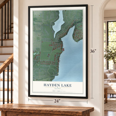 Hayden Lake, Idaho map, 24 x 36 inch print in a black frame by a staircase