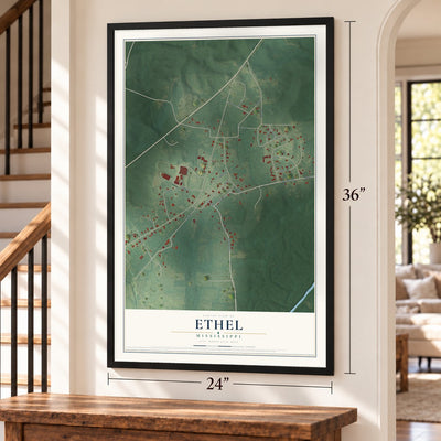 Ethel, Mississippi map, 24 x 36 inch print in a black frame by a staircase