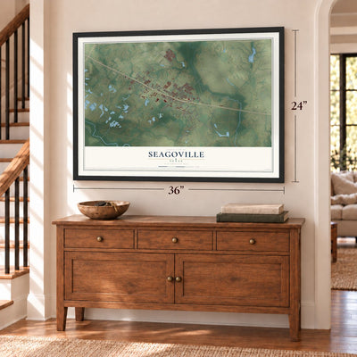 Seagoville, Texas map, 24 x 36 inch print in a black frame above a dresser by a staircase