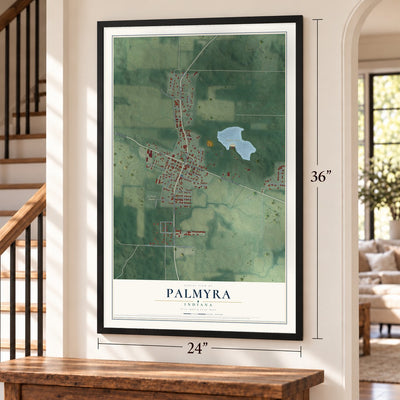 Palmyra, Indiana map, 24 x 36 inch print in a black frame by a staircase