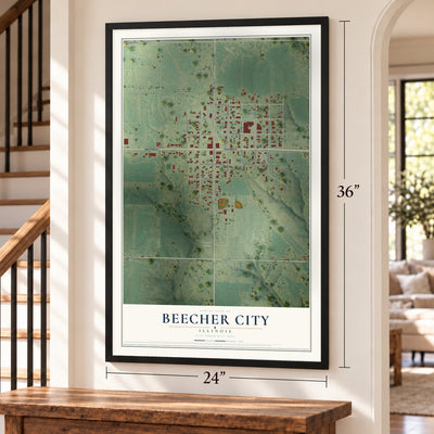 Beecher City, Illinois map, 24 x 36 inch print in a black frame by a staircase