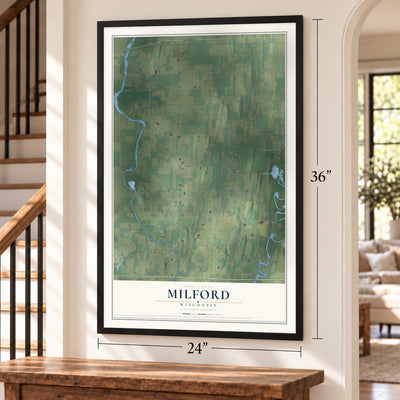 Milford, Wisconsin map, 24 x 36 inch print in a black frame by a staircase