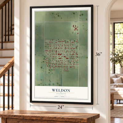 Weldon, Illinois map, 24 x 36 inch print in a black frame by a staircase