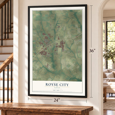 Royse City, Texas map, 24 x 36 inch print in a black frame by a staircase