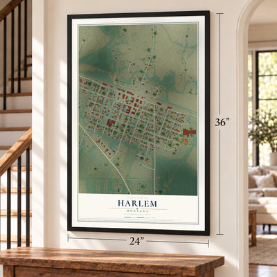 Harlem, Montana map, 24 x 36 inch print in a black frame by a staircase
