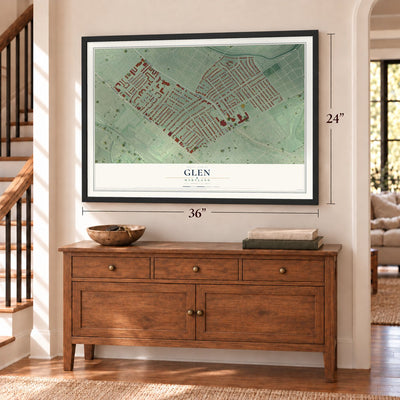 Glen, Maryland map, 24 x 36 inch print in a black frame above a dresser by a staircase