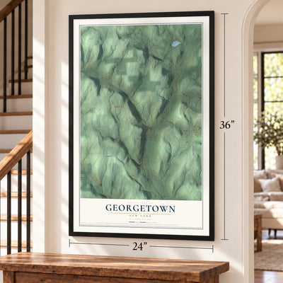 Georgetown, New York map, 24 x 36 inch print in a black frame by a staircase