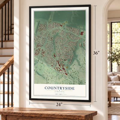 Countryside, Virginia map, 24 x 36 inch print in a black frame by a staircase