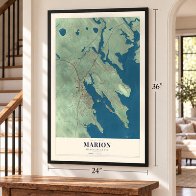 Marion, Massachusetts map, 24 x 36 inch print in a black frame by a staircase