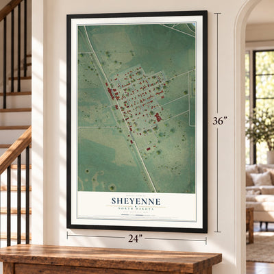 Sheyenne, North Dakota map, 24 x 36 inch print in a black frame by a staircase