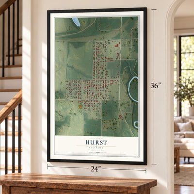 Hurst, Illinois map, 24 x 36 inch print in a black frame by a staircase