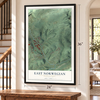 East Norwegian, Pennsylvania map, 24 x 36 inch print in a black frame by a staircase