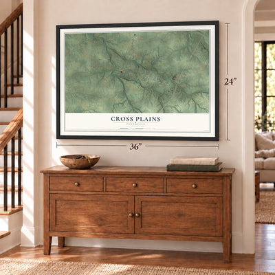 Cross Plains, Tennessee map, 24 x 36 inch print in a black frame above a dresser by a staircase
