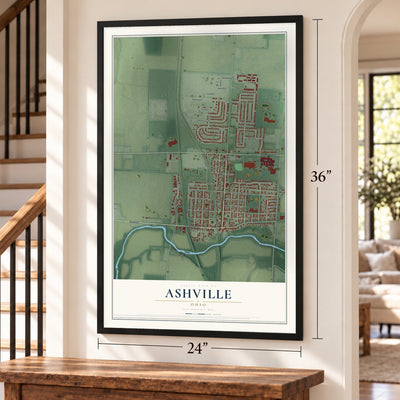 Ashville, Ohio map, 24 x 36 inch print in a black frame by a staircase