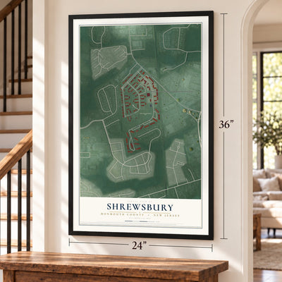 Shrewsbury, Monmouth County, New Jersey map, 24 x 36 inch print in a black frame by a staircase