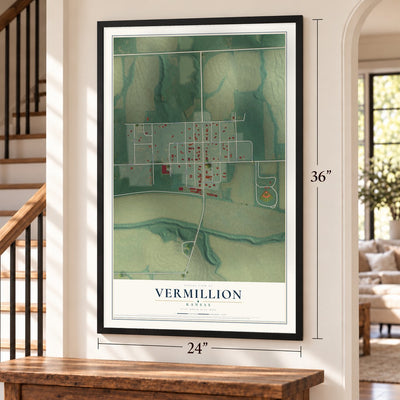 Vermillion, Kansas map, 24 x 36 inch print in a black frame by a staircase