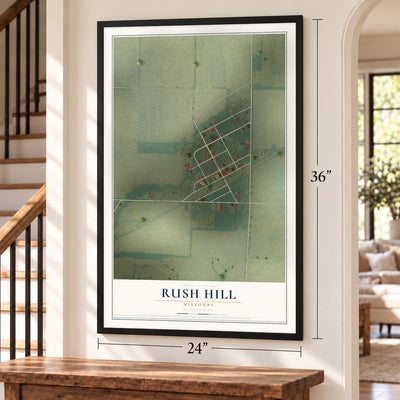 Rush Hill, Missouri map, 24 x 36 inch print in a black frame by a staircase