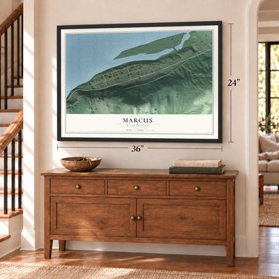 Marcus, Washington map, 24 x 36 inch print in a black frame above a dresser by a staircase