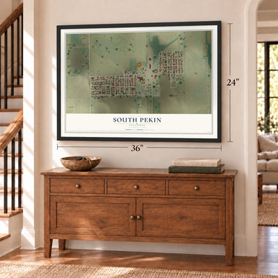 South Pekin, Illinois map, 24 x 36 inch print in a black frame above a dresser by a staircase