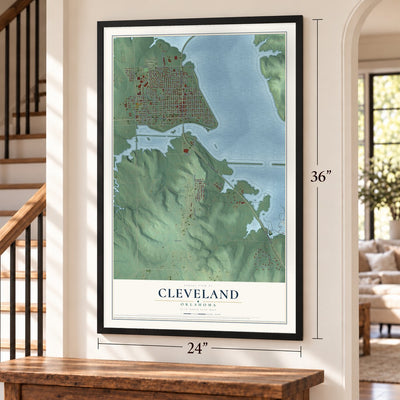 Cleveland, Oklahoma map, 24 x 36 inch print in a black frame by a staircase