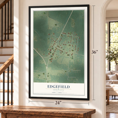 Edgefield, Louisiana map, 24 x 36 inch print in a black frame by a staircase