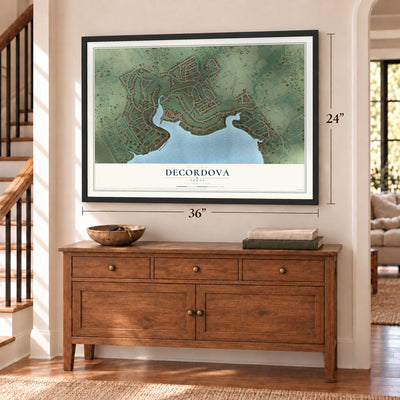 DeCordova, Texas map, 24 x 36 inch print in a black frame above a dresser by a staircase