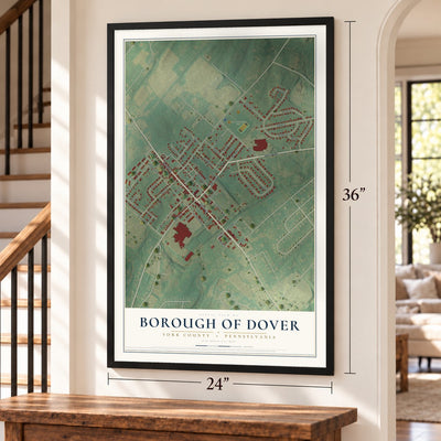 Borough of Dover, York County, Pennsylvania map, 24 x 36 inch print in a black frame by a staircase