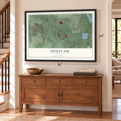 Offutt AFB, Nebraska map, 24 x 36 inch print in a black frame above a dresser by a staircase