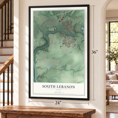 South Lebanon, Ohio map, 24 x 36 inch print in a black frame by a staircase