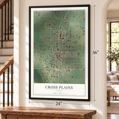 Cross Plains, Texas map, 24 x 36 inch print in a black frame by a staircase