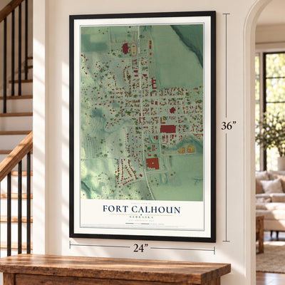 Fort Calhoun, Nebraska map, 24 x 36 inch print in a black frame by a staircase
