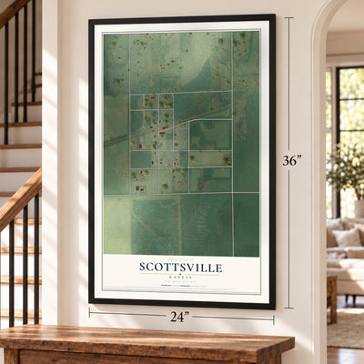Scottsville, Kansas map, 24 x 36 inch print in a black frame by a staircase