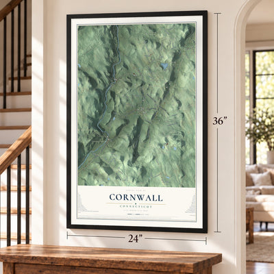 Cornwall, Connecticut map, 24 x 36 inch print in a black frame by a staircase