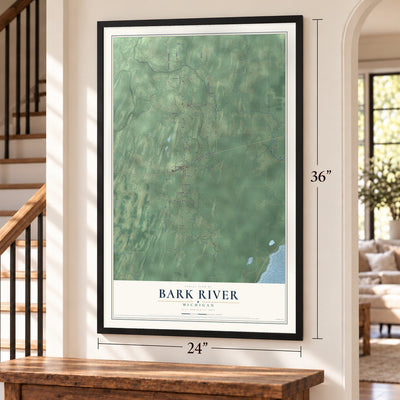 Bark River, Michigan map, 24 x 36 inch print in a black frame by a staircase