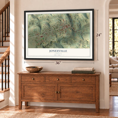 Jonesville, Virginia map, 24 x 36 inch print in a black frame above a dresser by a staircase