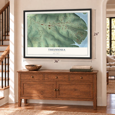 Theodosia, Missouri map, 24 x 36 inch print in a black frame above a dresser by a staircase