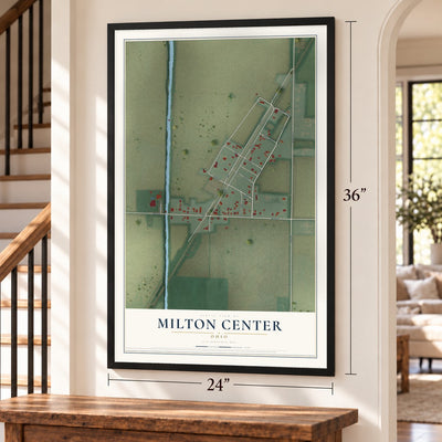 Milton Center, Ohio map, 24 x 36 inch print in a black frame by a staircase