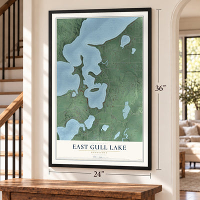 East Gull Lake, Minnesota map, 24 x 36 inch print in a black frame by a staircase