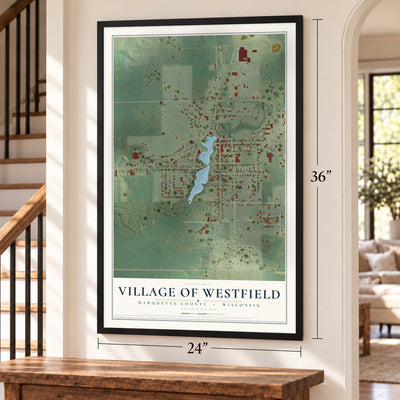 Westfield, Wisconsin map, 24 x 36 inch print in a black frame by a staircase
