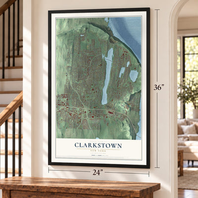 Clarkstown, New York map, 24 x 36 inch print in a black frame by a staircase