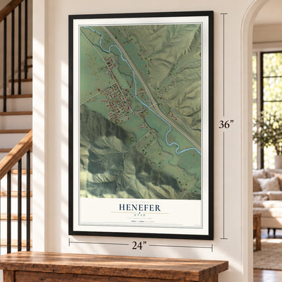 Henefer, Utah map, 24 x 36 inch print in a black frame by a staircase