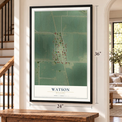 Watson, Missouri map, 24 x 36 inch print in a black frame by a staircase